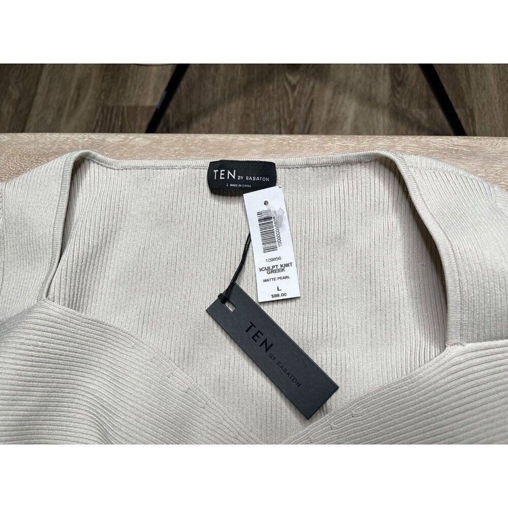 Ten by Babaton NWT Sculpt Knit Greek Longsleeve Cropped Crisscross Matte Pearl L - Picture 4 of 8